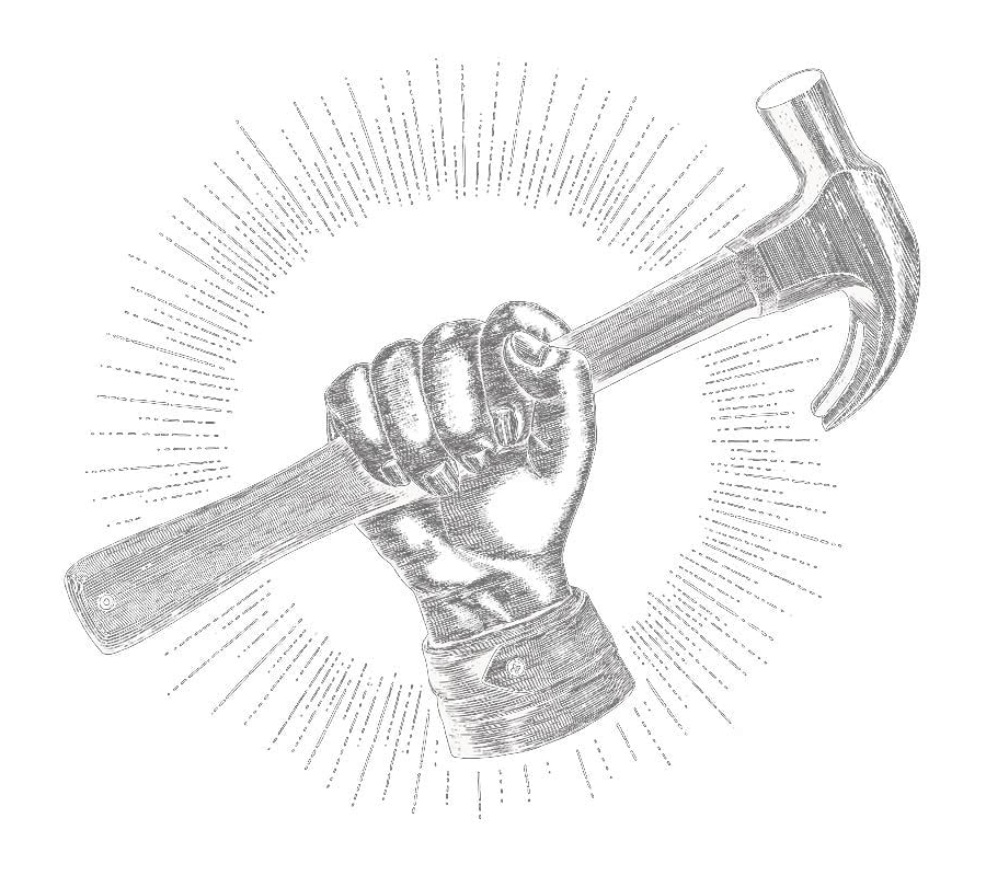 An etching of a hand clutching a hammer